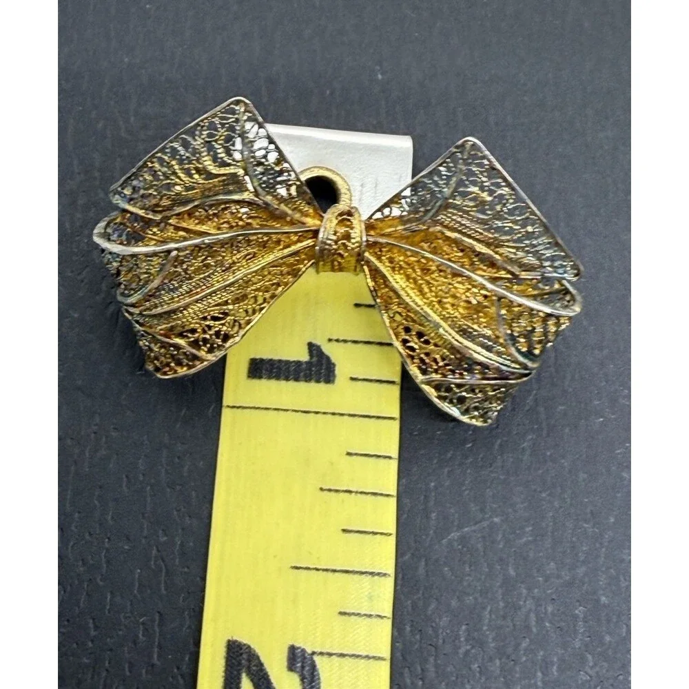 Vintage Sterling Silver Filigree Bow Brooch‎ Gold Wash Gilded Victorian Pin